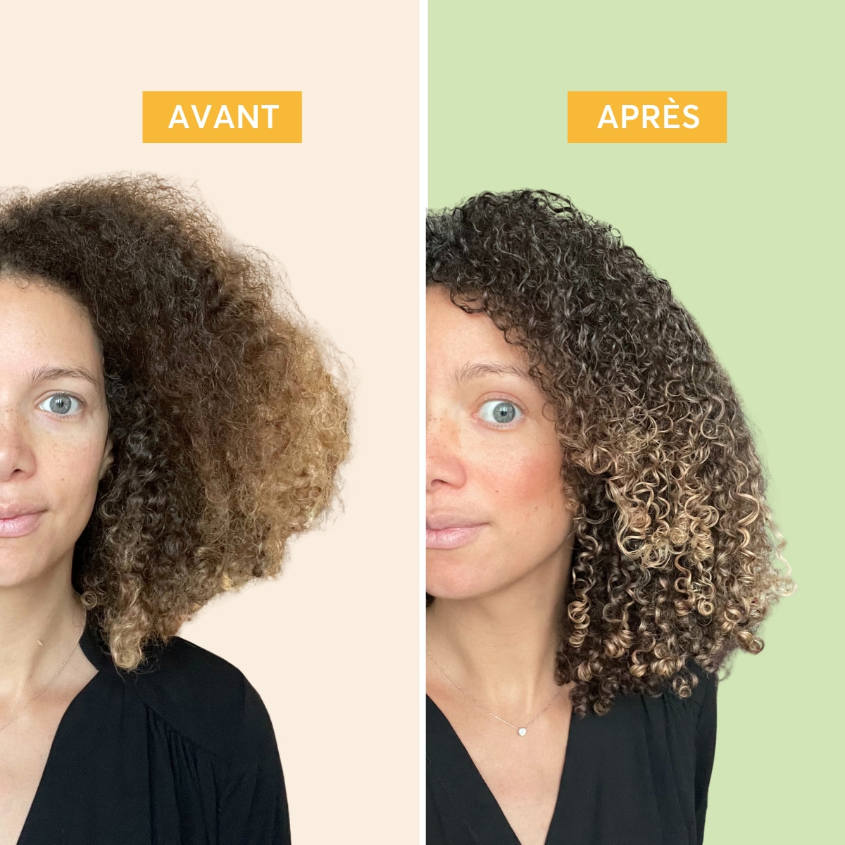 avant après masque boucles qui hydrate et nourrit, soin crème immédiat qui définit, hydrate et démêle les boucles et gelée capillaire qui définit sculpte les boucles rebondies et hydratées durablement