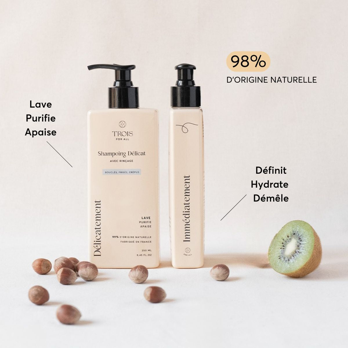 Shampoing et soin pour cheveux bouclés qui nettoie, purifie, apaise, définit, hydrate et démêle les boucles pour des cheveux doux et bien nourris