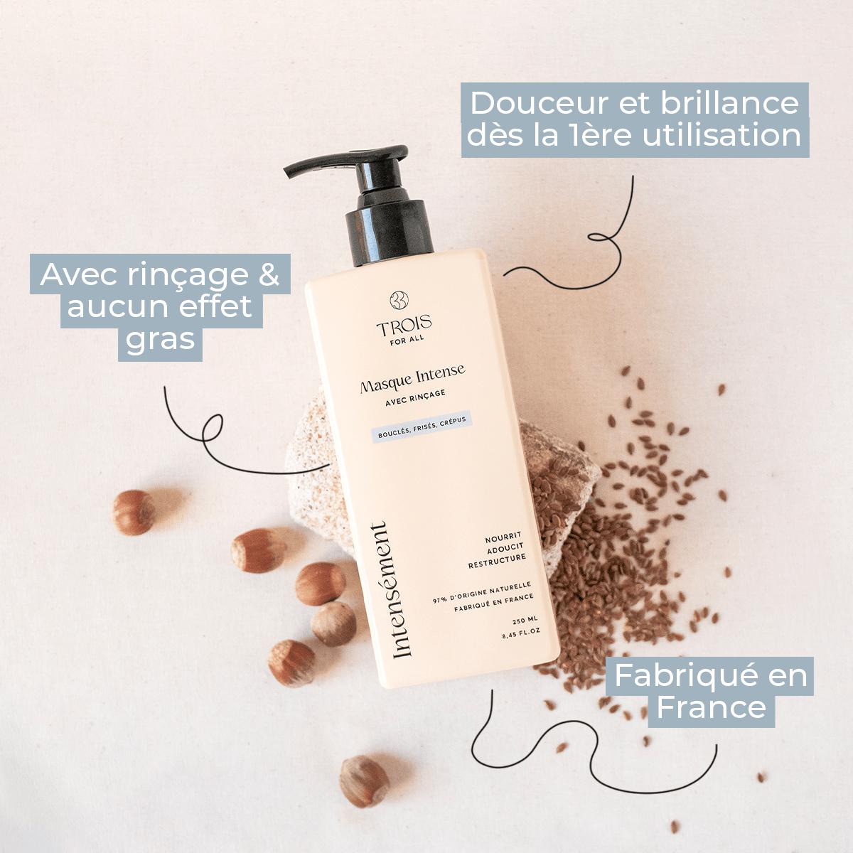 Masque pour cheveux bouclés fabriqué en France, à rincer, sans effet gras, qui rend les boucles douces, brillantes et nourries