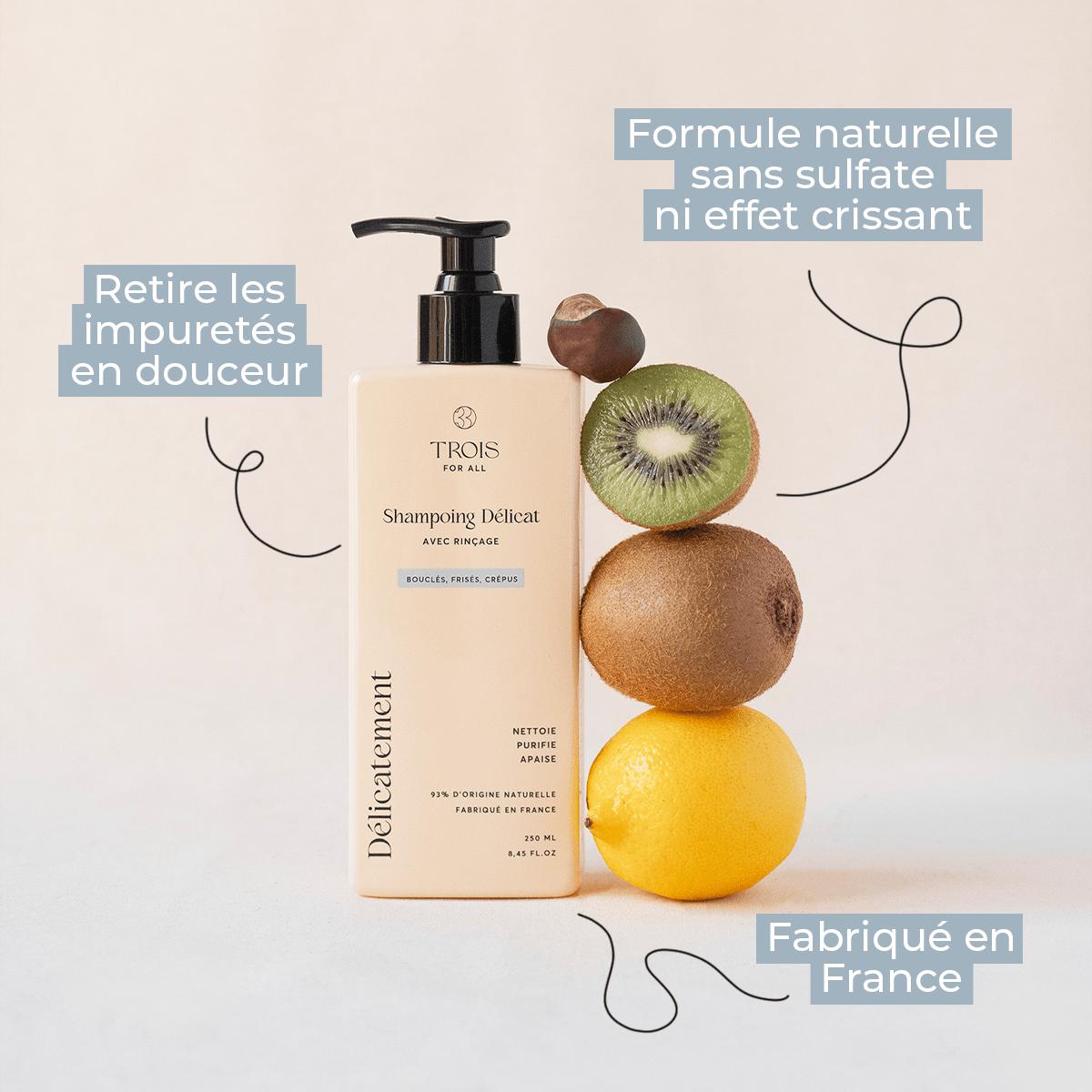 Shampoing pour cheveux bouclés fabriqué en France, élimine les impuretés en douceur avec une formule naturelle sans sulfate pour des boucles propres et nourries