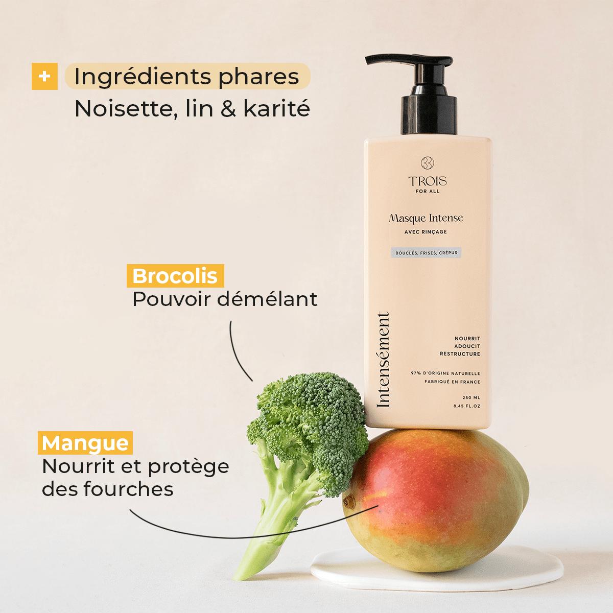 Masque pour cheveux bouclés enrichi en brocolis, mangue, noisette, lin et karité, qui démêle, nourrit et protège des frisottis pour des boucles définies