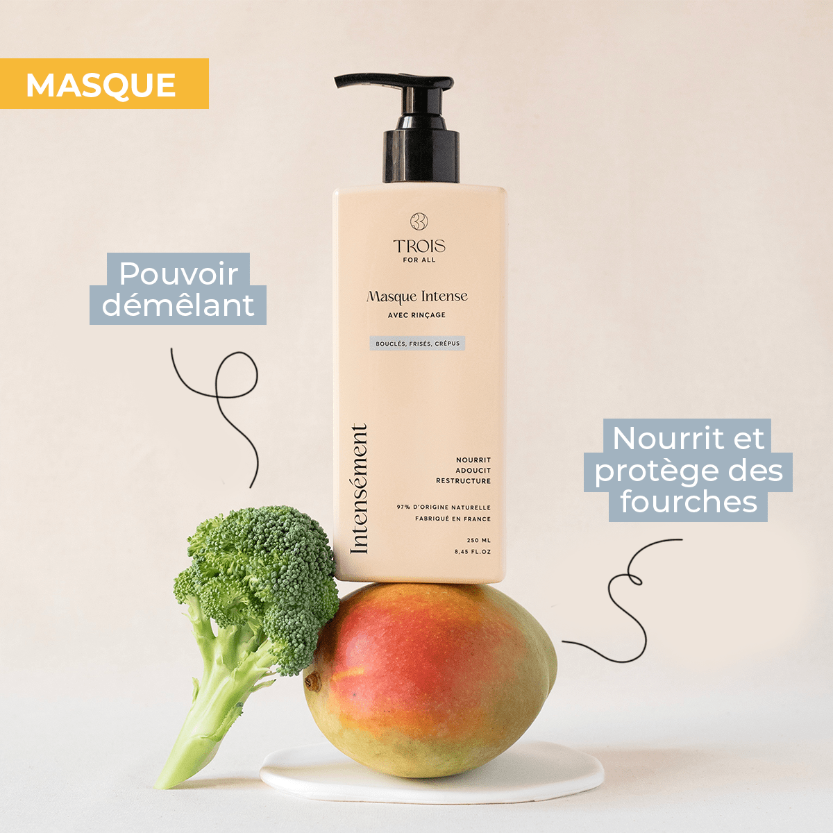 Masque pour cheveux bouclés démêlant et nourrissant, protège des fourches et frisottis pour des boucles lisses et définies