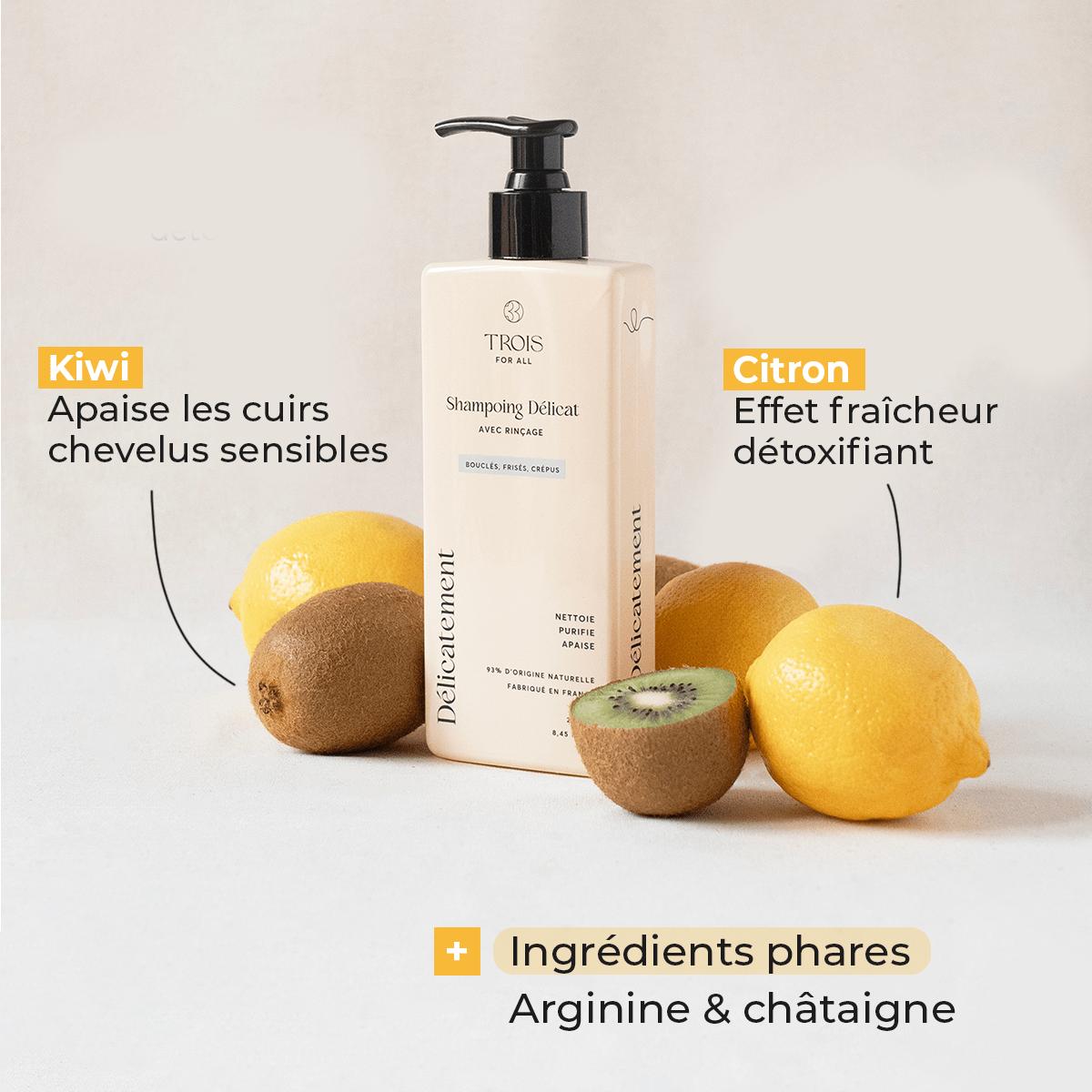 Shampoing pour cheveux bouclés formulé à partir de kiwi, citron, châtaigne et arginine pour apaiser le cuir chevelu et un effet fraîcheur détoxifiant