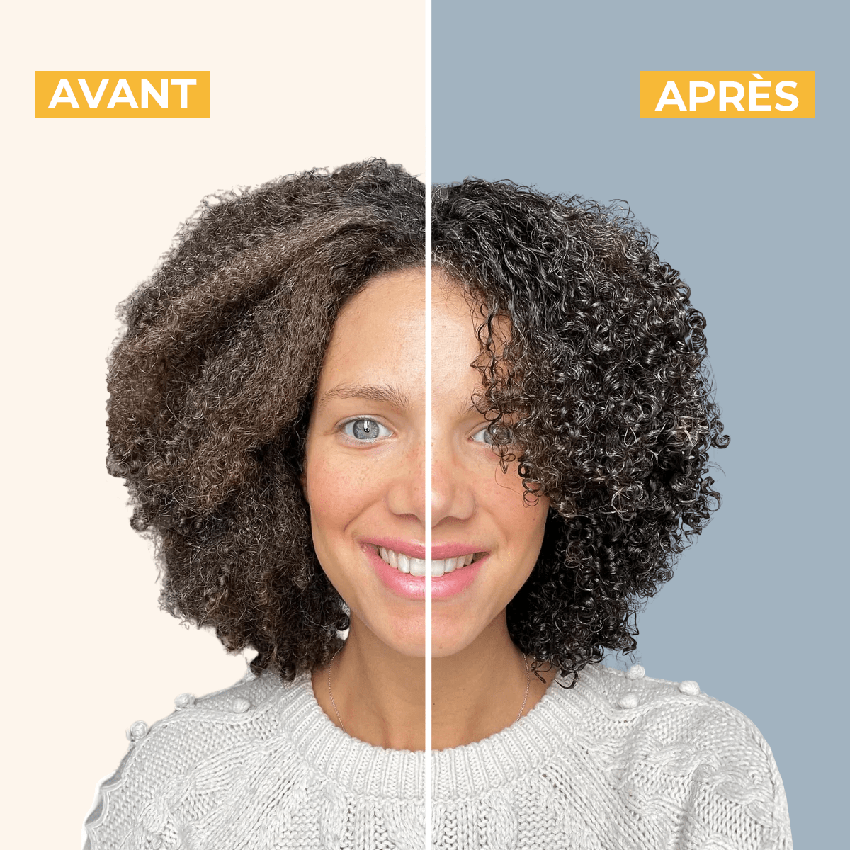 Rendu avant après avoir utiliser les produits capillaires pour cheveux bouclés de trois for all