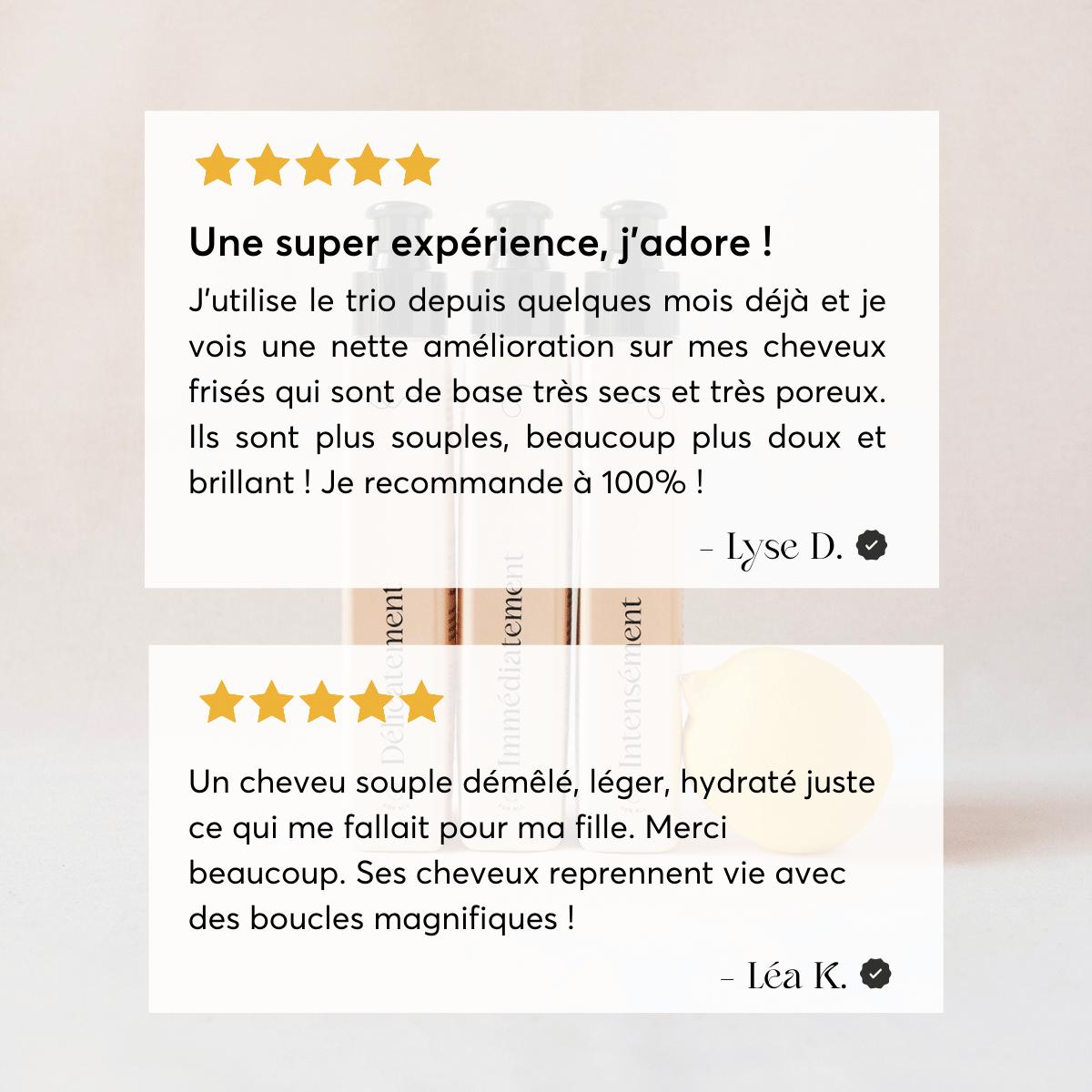 Exemple d'avis client concernant la routine capillaire pour cheveux bouclés Trois for all